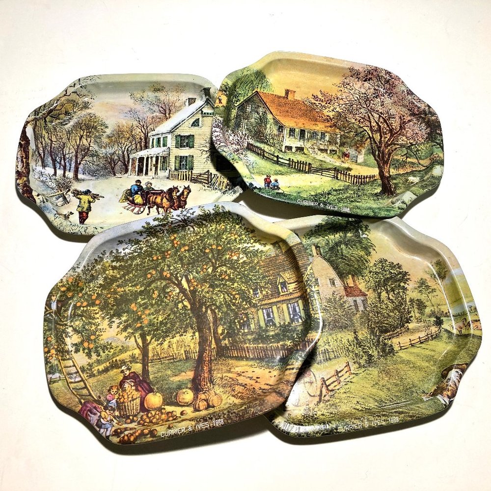 4 Vintage Currier & Ives Tin Snack Plates